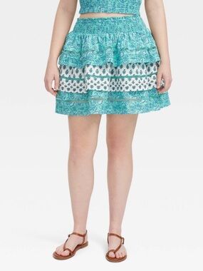 Roller Rabbit Garden Floral Tiered Mini Skirt Teal Size XS NWT Cotton